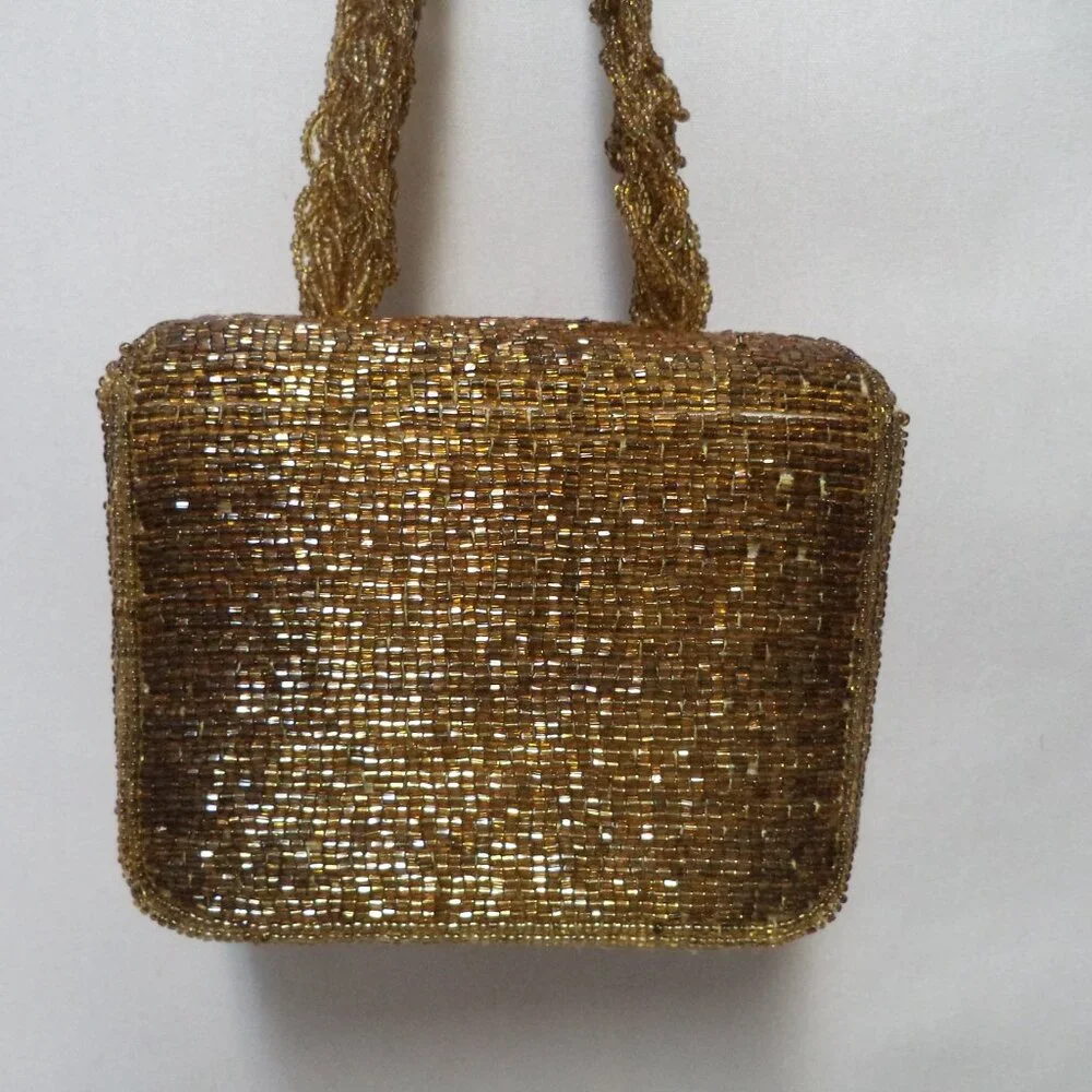 Vintage gold Beaded Box handbag purse small Beaded strap w/ Mirror Occasion